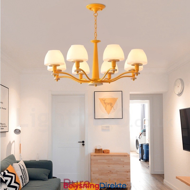 6 Lys, 8 Lys, Flerfarget Anhengslampe I Makrontre Med Glassskjermer, Lysekrone I Nordisk Stil