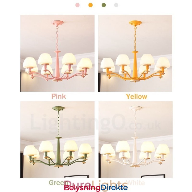 6 Lys, 8 Lys, Flerfarget Anhengslampe I Makrontre Med Glassskjermer, Lysekrone I Nordisk Stil