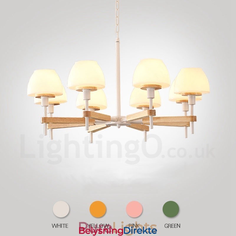 6 Lys, 8 Lys, Flerfarget Anhengslampe I Makrontre Med Glassskjermer, Lysekrone I Nordisk Stil
