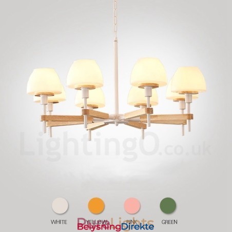 6 Lys, 8 Lys, Flerfarget Anhengslampe I Makrontre Med Glassskjermer, Lysekrone I Nordisk Stil