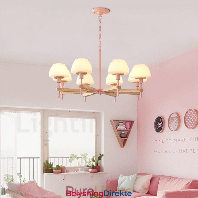 6 Lys, 8 Lys, Flerfarget Anhengslampe I Makrontre Med Glassskjermer, Lysekrone I Nordisk Stil