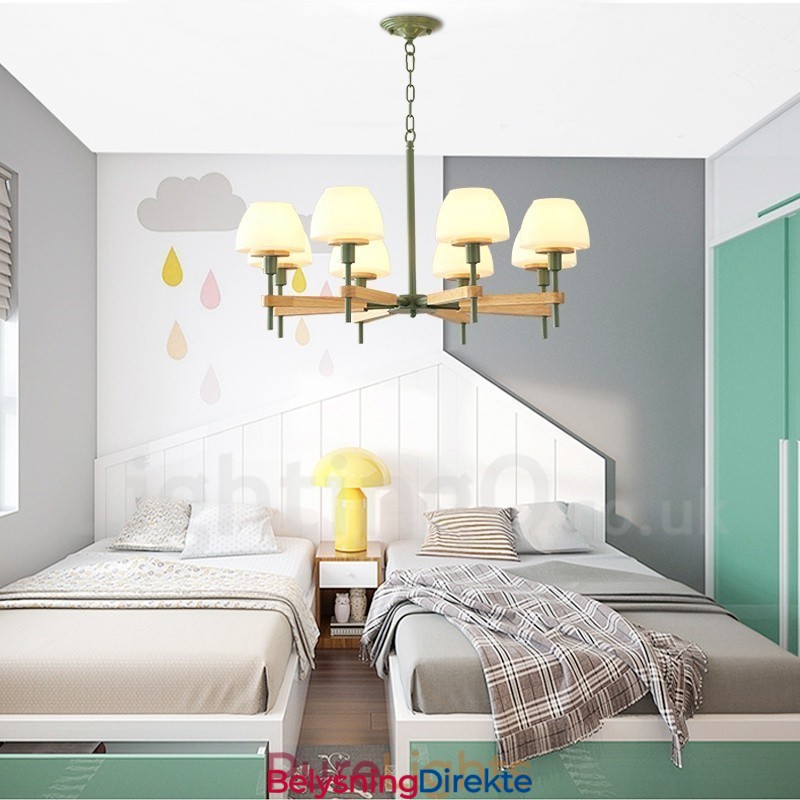 6 Lys, 8 Lys, Flerfarget Anhengslampe I Makrontre Med Glassskjermer, Lysekrone I Nordisk Stil