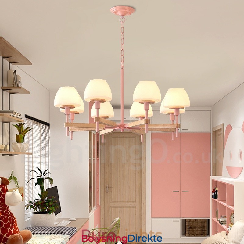 6 Lys, 8 Lys, Flerfarget Anhengslampe I Makrontre Med Glassskjermer, Lysekrone I Nordisk Stil