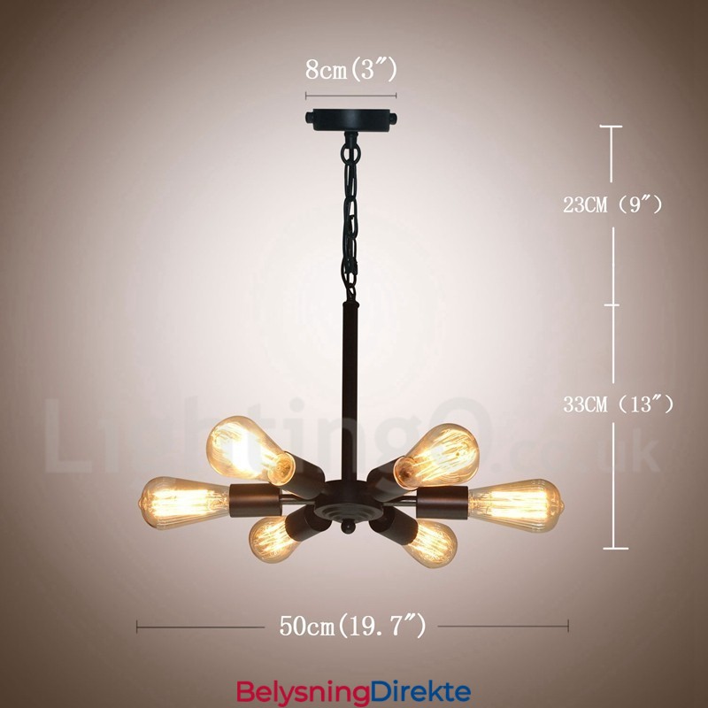 Rustikk Retro Vintage Pendellampe Med 6 Lys I Svart Design