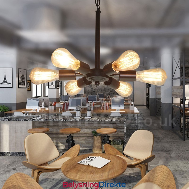 Rustikk Retro Vintage Pendellampe Med 6 Lys I Svart Design