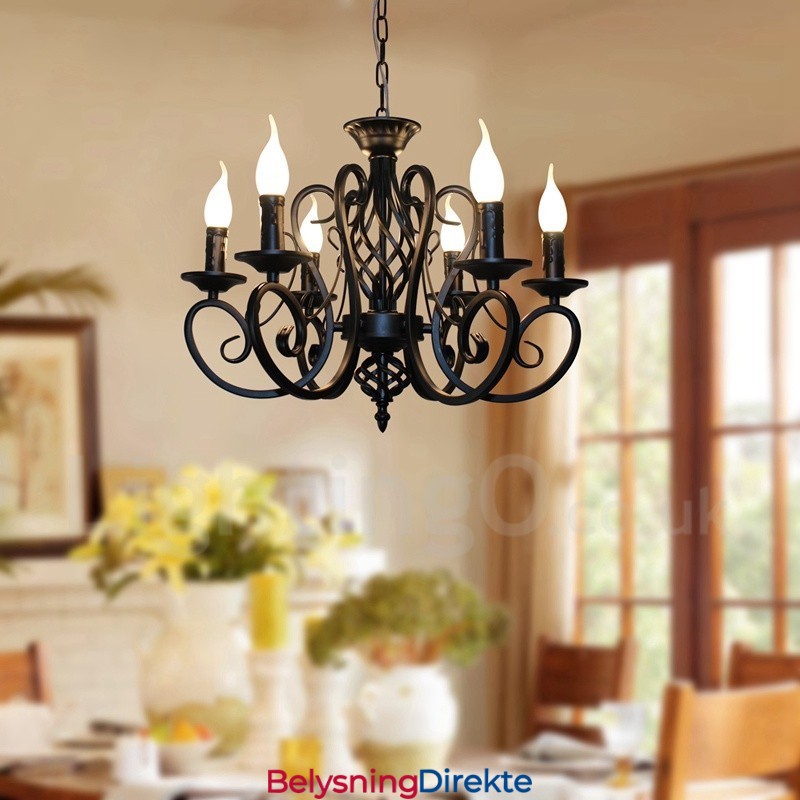 Rustikk Retro Vintage Lysekrone Med 6 Lys, Svart Og Hvitt