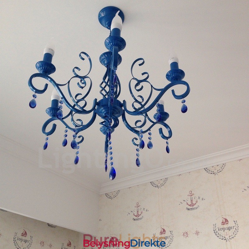Krystall Rustikk Retro Vintage Svart Hvit Blå Anheng Lysekrone Med 6 Lys