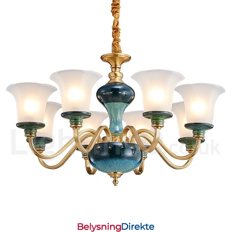 Retro Vintage Messing Keramikk Anhengslys Lysekrone Med Glassskjermer