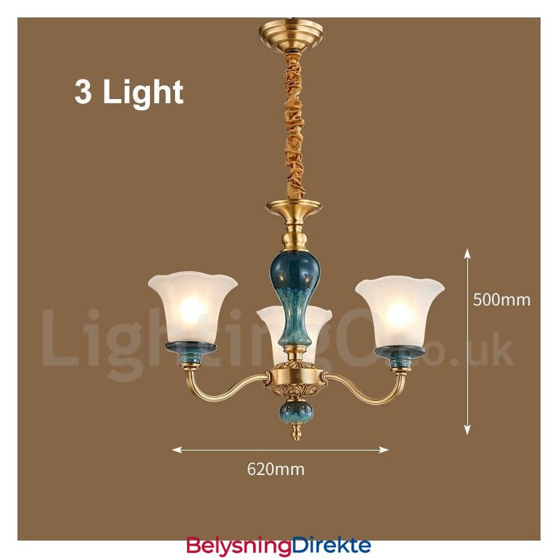 Retro Vintage Messing Keramikk Anhengslys Lysekrone Med Glassskjermer