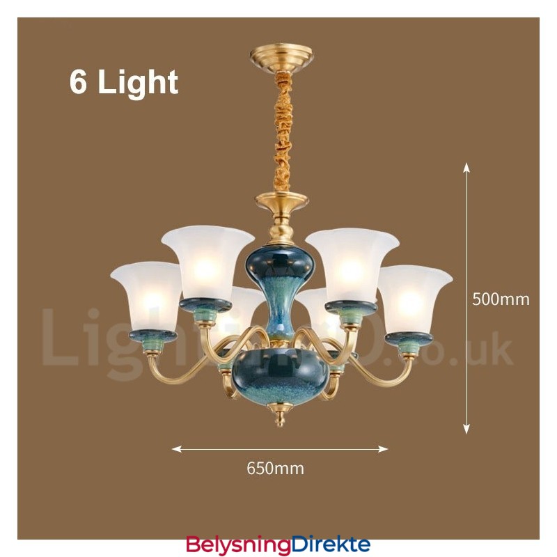 Retro Vintage Messing Keramikk Anhengslys Lysekrone Med Glassskjermer