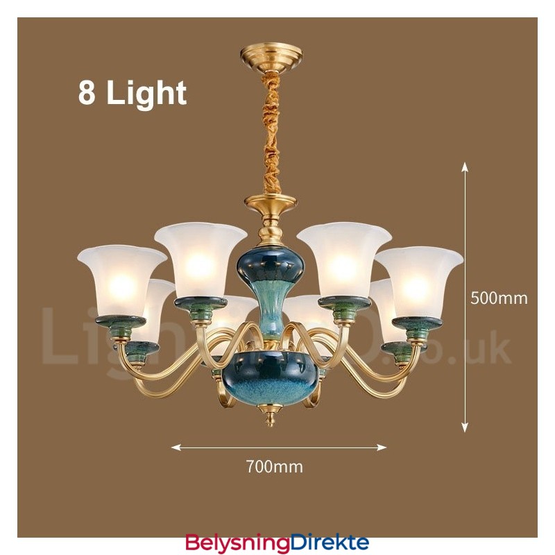 Retro Vintage Messing Keramikk Anhengslys Lysekrone Med Glassskjermer