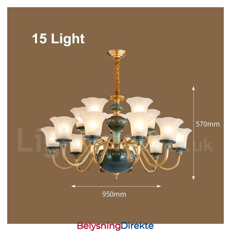 Retro Vintage Messing Keramikk Anhengslys Lysekrone Med Glassskjermer