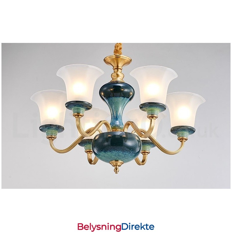 Retro Vintage Messing Keramikk Anhengslys Lysekrone Med Glassskjermer