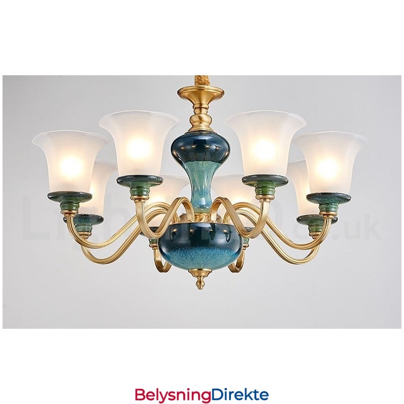 Retro Vintage Messing Keramikk Anhengslys Lysekrone Med Glassskjermer