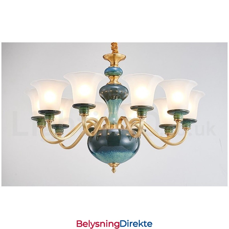 Retro Vintage Messing Keramikk Anhengslys Lysekrone Med Glassskjermer