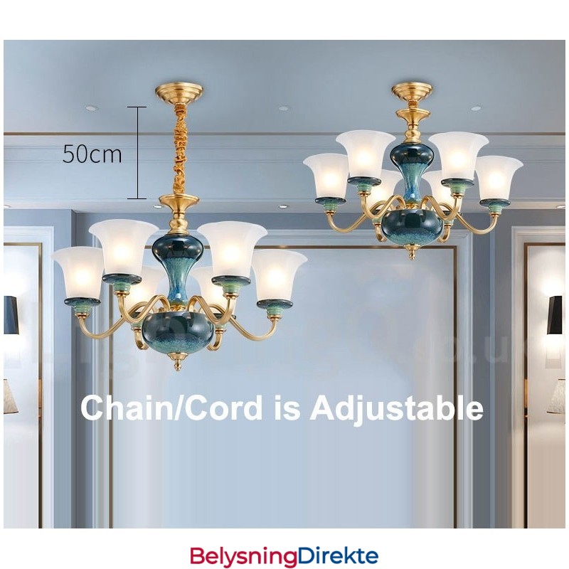 Retro Vintage Messing Keramikk Anhengslys Lysekrone Med Glassskjermer