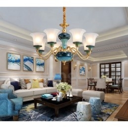 Retro Vintage Messing Keramikk Anhengslys Lysekrone Med Glassskjermer