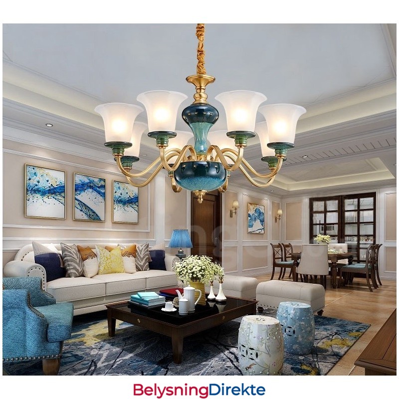 Retro Vintage Messing Keramikk Anhengslys Lysekrone Med Glassskjermer