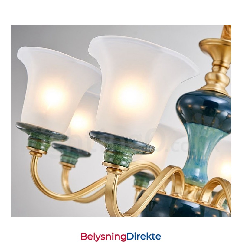 Retro Vintage Messing Keramikk Anhengslys Lysekrone Med Glassskjermer