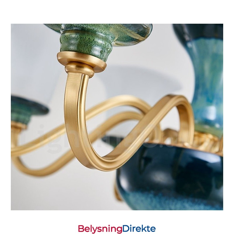 Retro Vintage Messing Keramikk Anhengslys Lysekrone Med Glassskjermer