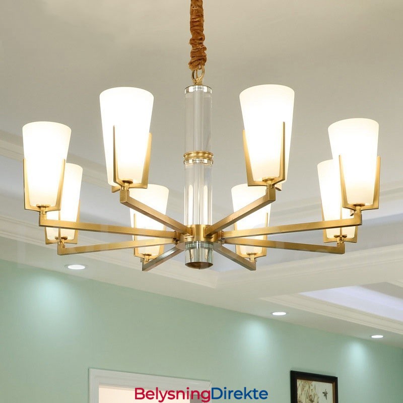 Retro Vintage Messingkrystaller Anhengslys Lysekrone Med Glassskjermer
