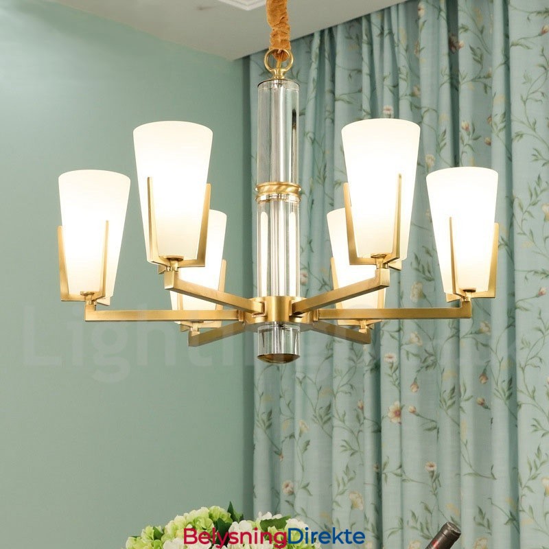 Retro Vintage Messingkrystaller Anhengslys Lysekrone Med Glassskjermer