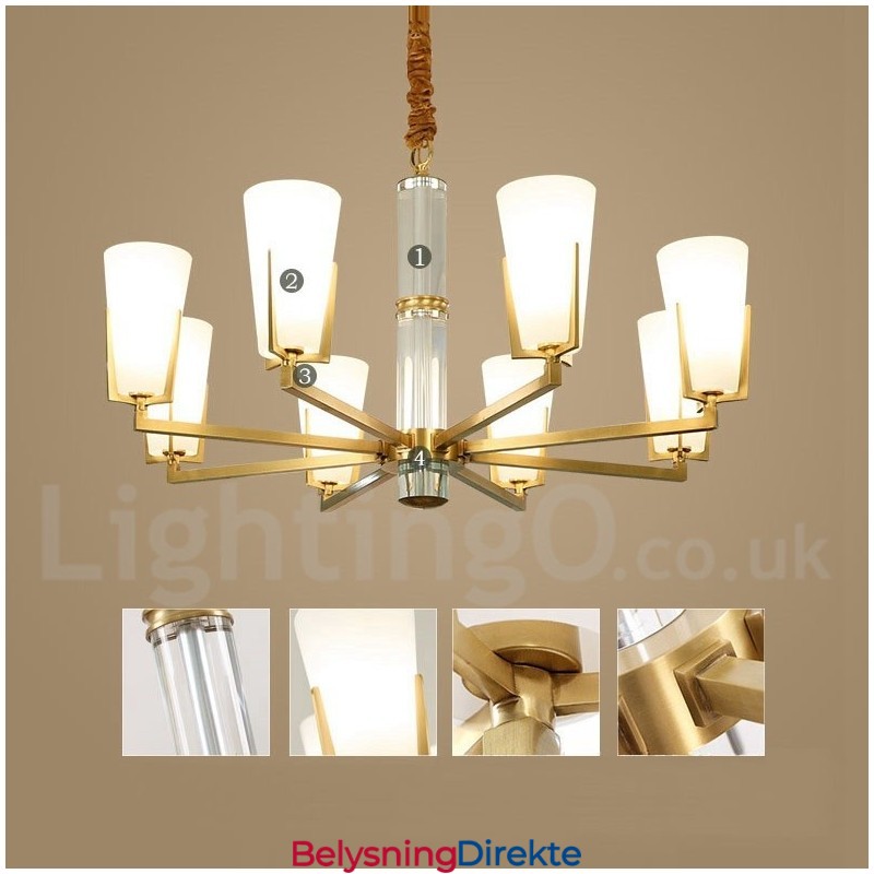 Retro Vintage Messingkrystaller Anhengslys Lysekrone Med Glassskjermer