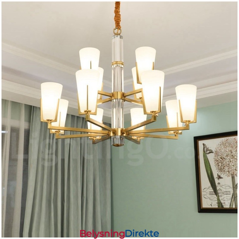 Retro Vintage Messingkrystaller Anhengslys Lysekrone Med Glassskjermer