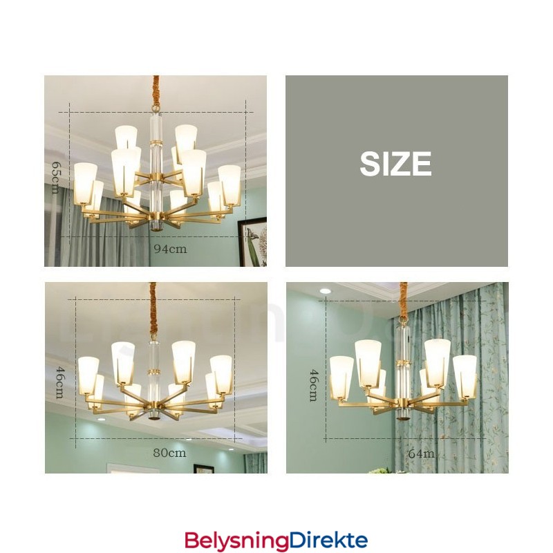 Retro Vintage Messingkrystaller Anhengslys Lysekrone Med Glassskjermer