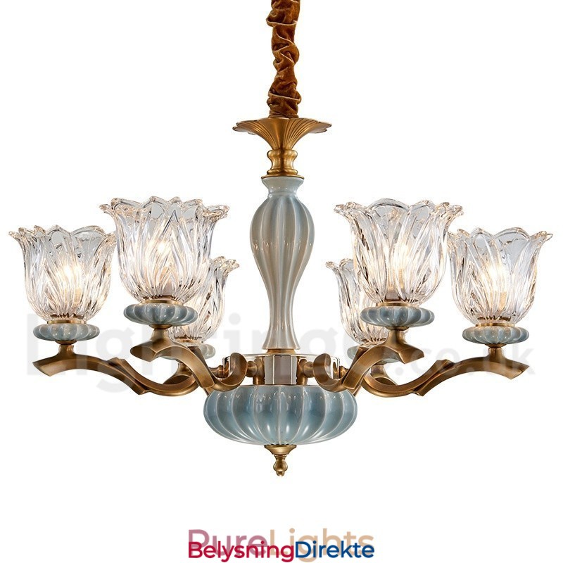 Retro Vintage Messing Keramikk Anhengslys Lysekrone Med Glassskjermer