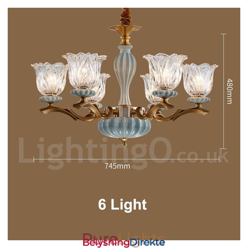 Retro Vintage Messing Keramikk Anhengslys Lysekrone Med Glassskjermer