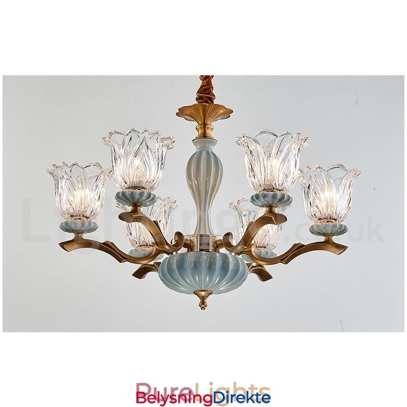 Retro Vintage Messing Keramikk Anhengslys Lysekrone Med Glassskjermer