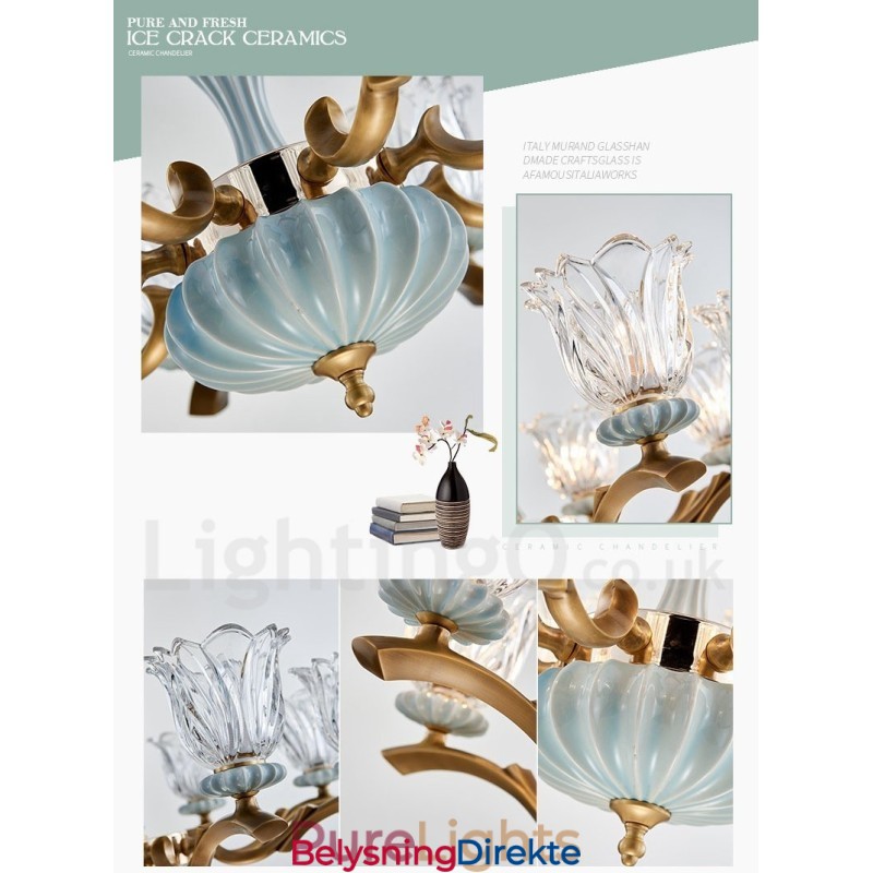 Retro Vintage Messing Keramikk Anhengslys Lysekrone Med Glassskjermer