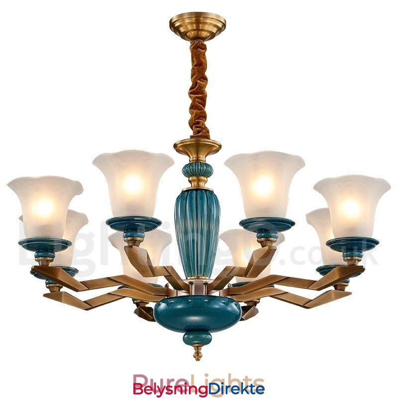 Retro Vintage Messing Keramikk Anhengslys Lysekrone Med Glassskjermer