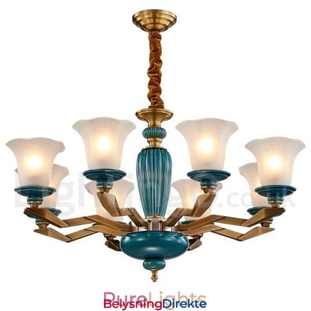 Retro Vintage Messing Keramikk Anhengslys Lysekrone Med Glassskjermer