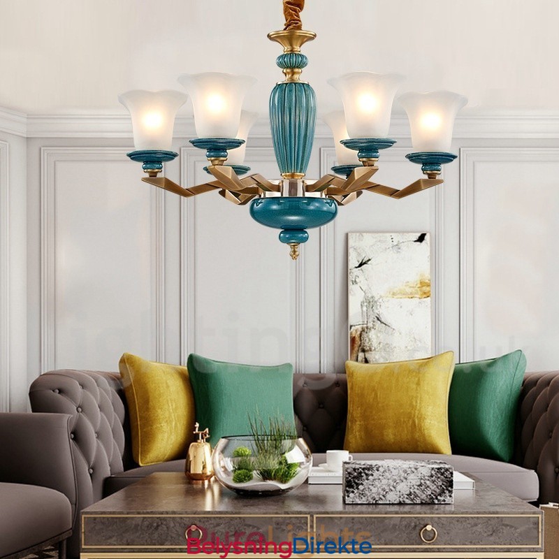 Retro Vintage Messing Keramikk Anhengslys Lysekrone Med Glassskjermer