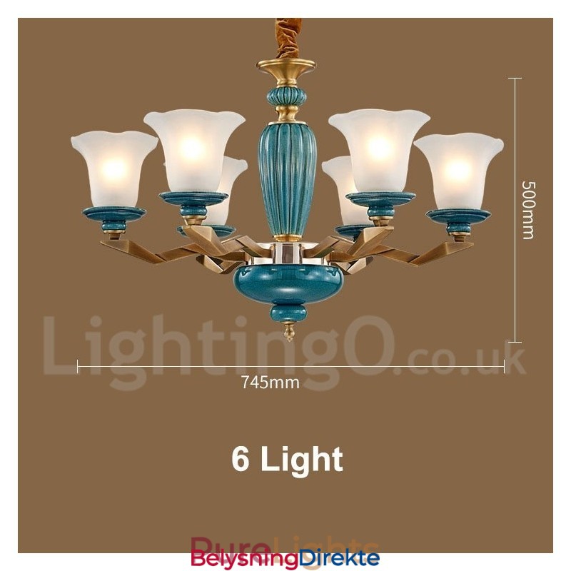 Retro Vintage Messing Keramikk Anhengslys Lysekrone Med Glassskjermer