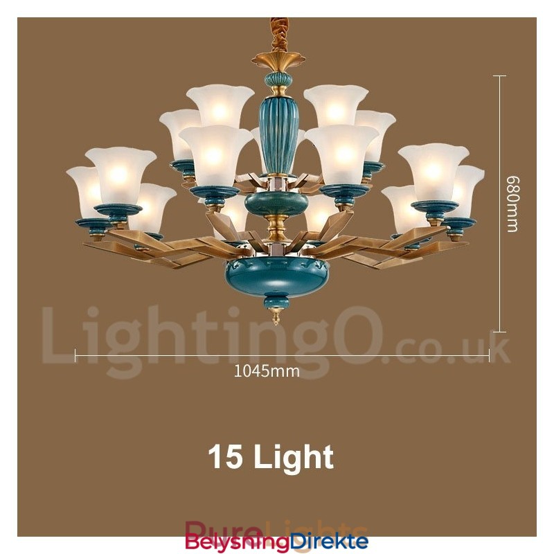 Retro Vintage Messing Keramikk Anhengslys Lysekrone Med Glassskjermer