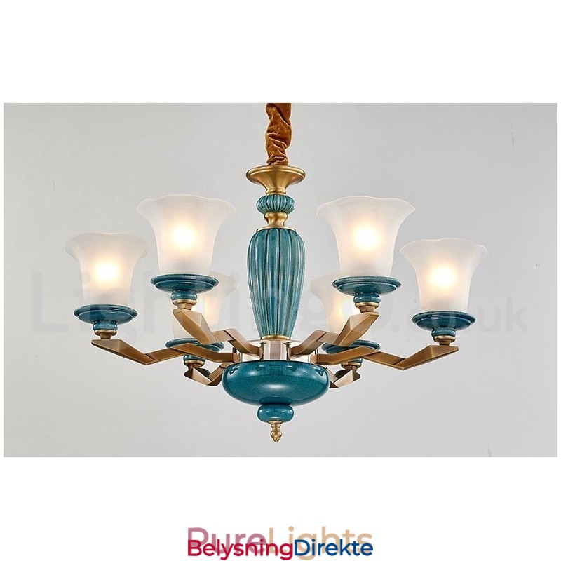 Retro Vintage Messing Keramikk Anhengslys Lysekrone Med Glassskjermer