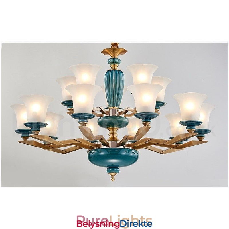 Retro Vintage Messing Keramikk Anhengslys Lysekrone Med Glassskjermer