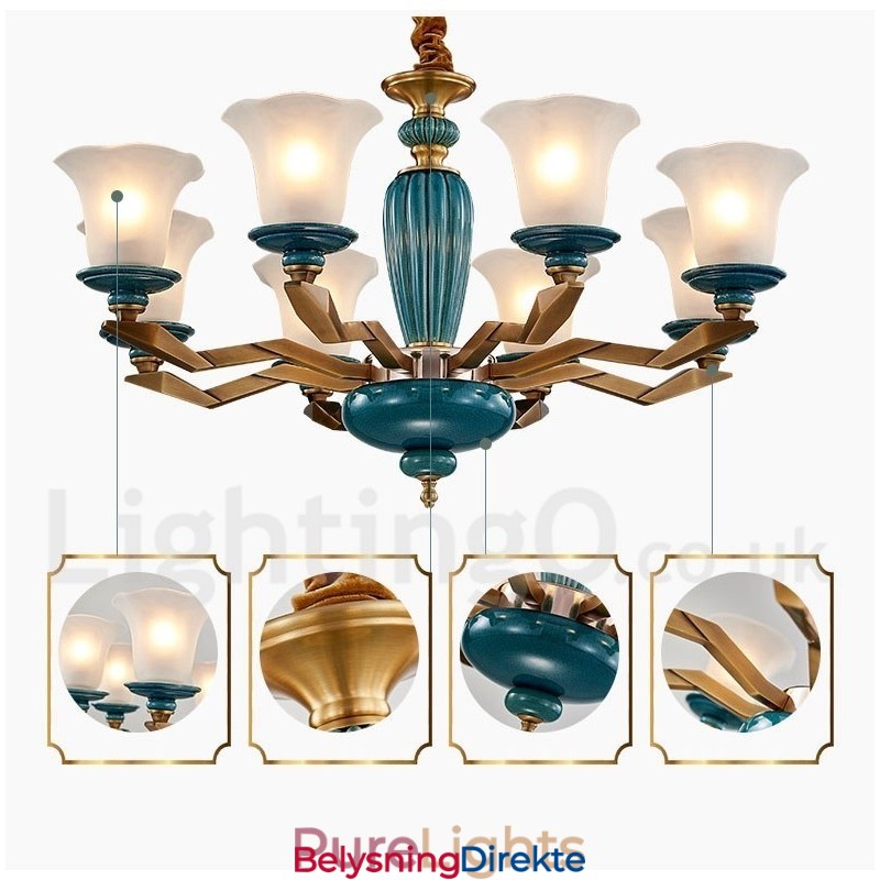 Retro Vintage Messing Keramikk Anhengslys Lysekrone Med Glassskjermer