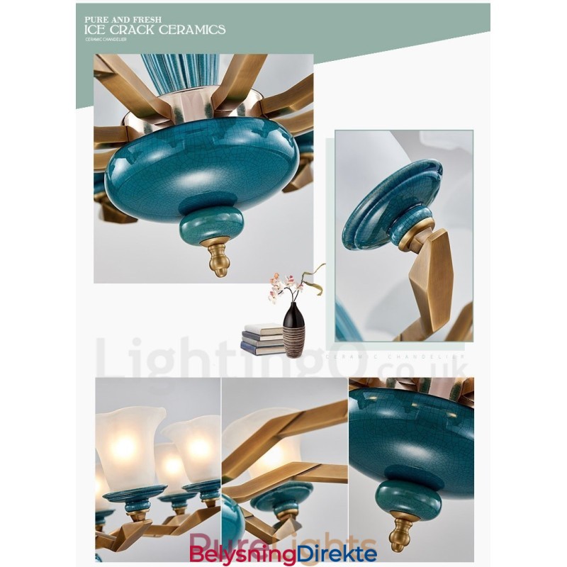 Retro Vintage Messing Keramikk Anhengslys Lysekrone Med Glassskjermer