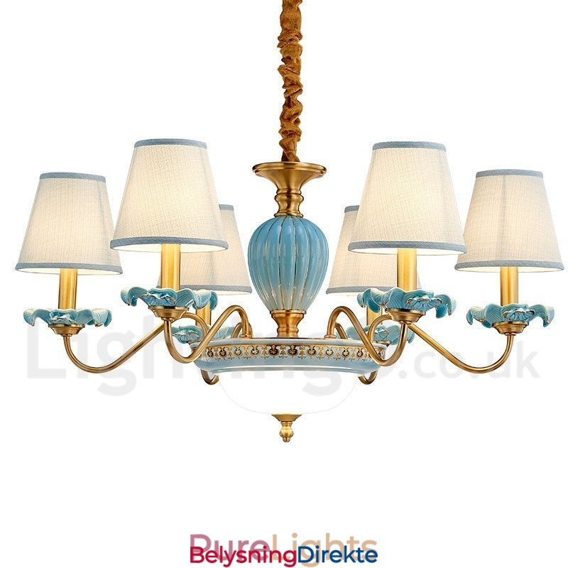Retro Vintage Messing Keramikk Anhengslys Lysekrone Med Blå Stoffskjermer