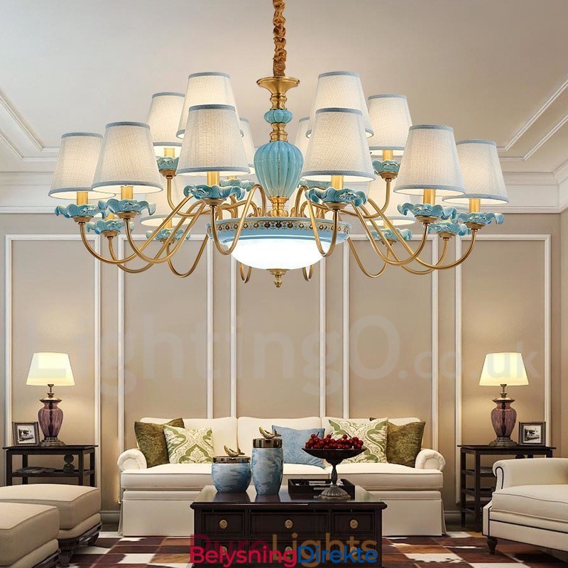 Retro Vintage Messing Keramikk Anhengslys Lysekrone Med Blå Stoffskjermer