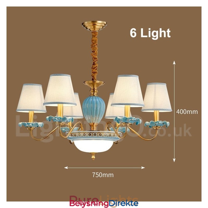 Retro Vintage Messing Keramikk Anhengslys Lysekrone Med Blå Stoffskjermer