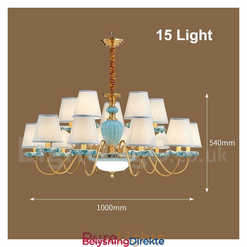 Retro Vintage Messing Keramikk Anhengslys Lysekrone Med Blå Stoffskjermer