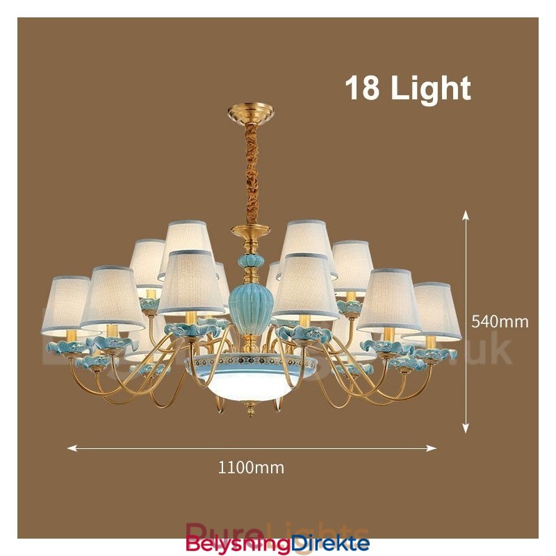 Retro Vintage Messing Keramikk Anhengslys Lysekrone Med Blå Stoffskjermer