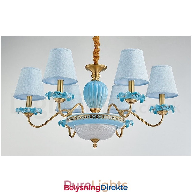 Retro Vintage Messing Keramikk Anhengslys Lysekrone Med Blå Stoffskjermer
