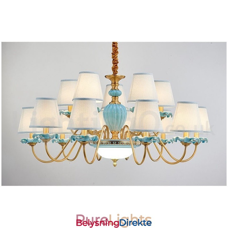 Retro Vintage Messing Keramikk Anhengslys Lysekrone Med Blå Stoffskjermer