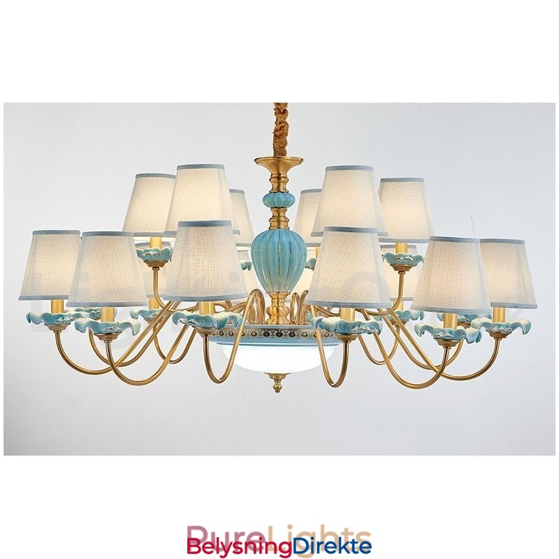 Retro Vintage Messing Keramikk Anhengslys Lysekrone Med Blå Stoffskjermer